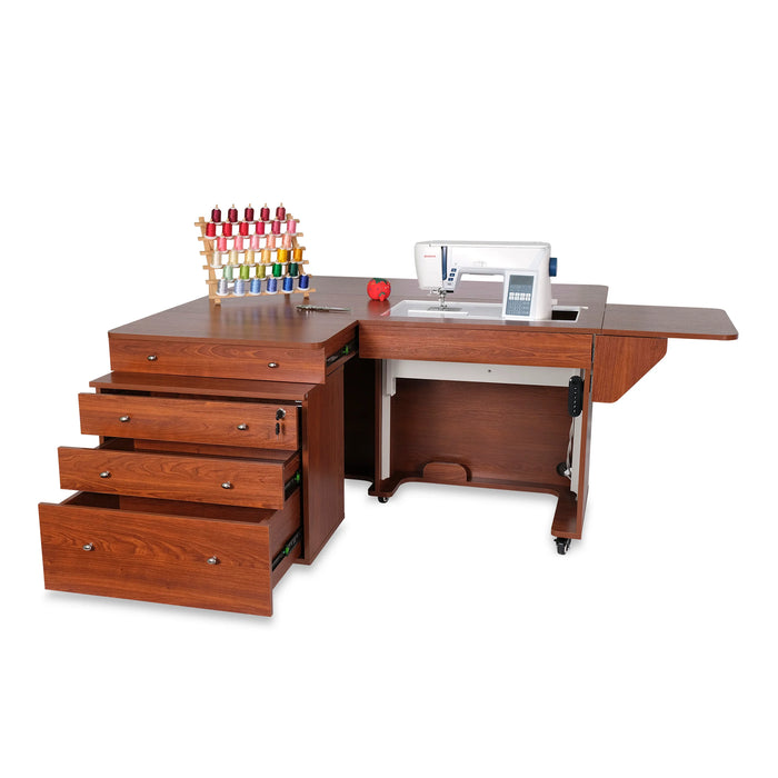 Kangaroo & Joey Electric Sewing Cabinet showing open storage drawers and extended work surface in teak