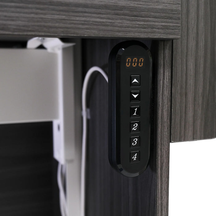 Close-up of electric lift control panel on gray Kangaroo & Joey sewing cabinet