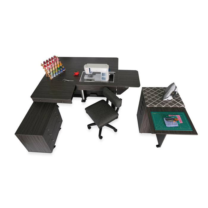 Top-down view of gray Kangaroo & Joey electric sewing workstation with complementary cutting table