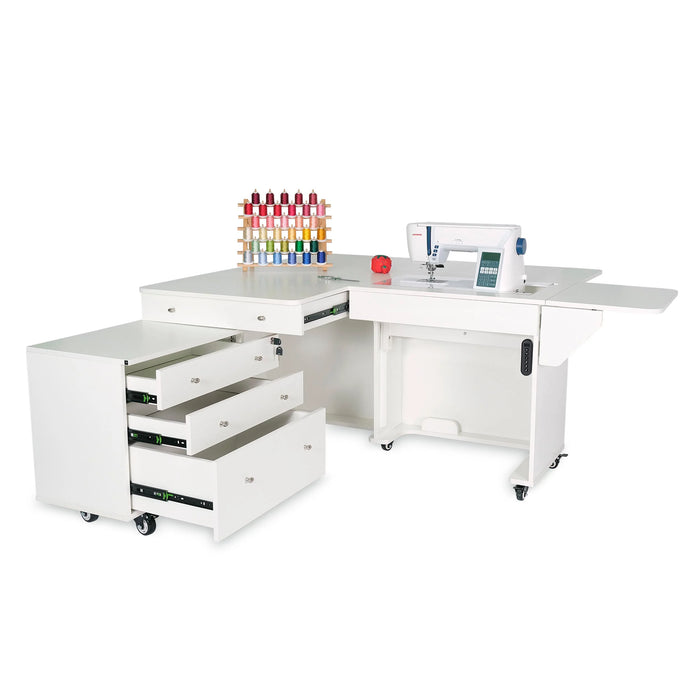 White Kangaroo & Joey sewing cabinet showing open storage drawers and electric machine lift platform