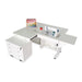 Top view of white Kangaroo & Joey electric sewing cabinet with expanded quilting and cutting surface