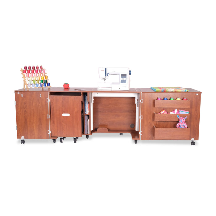 Kangaroo Aussie Sewing Cabinet in Teak K8605 with rolling caddy extended, perfect for sergers and sewing supply organization.