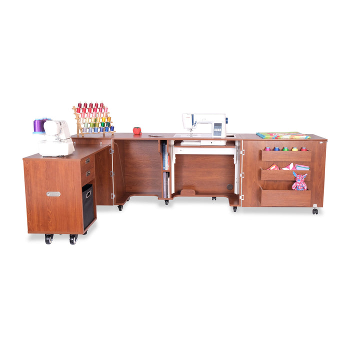 Kangaroo Aussie Sewing Cabinet in Teak K8605 staged in sewing room, showing full workstation layout with quilting and crafting storage.