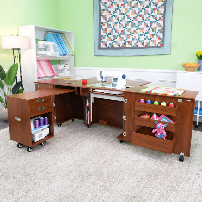 Kangaroo Aussie Sewing Cabinet K8605 in Teak fully folded into compact storage mode for small sewing spaces.