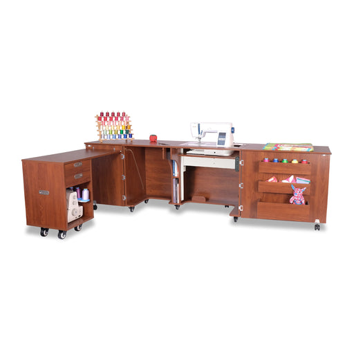 Aussie Dual Rail Electric Sewing Cabinet in Teak shown with rolling caddy extended and multiple storage compartments open for sewing organization