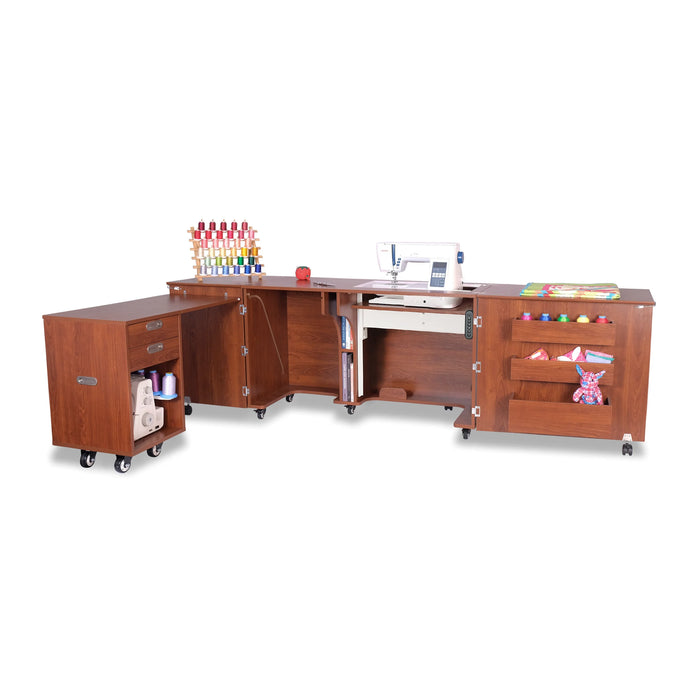 Aussie Dual Rail Electric Sewing Cabinet in Teak shown with rolling caddy extended and multiple storage compartments open for sewing organization