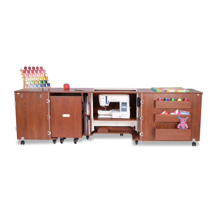 Kangaroo Aussie Electric Sewing Cabinet lowering sewing machine with electric lift system inside teak cabinet