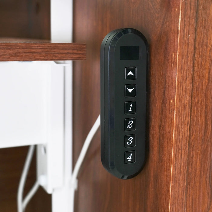 Close-up of dual rail electric lift control panel on Kangaroo Aussie Sewing Cabinet in Teak with programmable height buttons