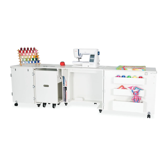 Kangaroo Aussie Sewing Cabinet K8611 in White fully expanded with sewing machine platform, rolling caddy, and large crafting workspace.