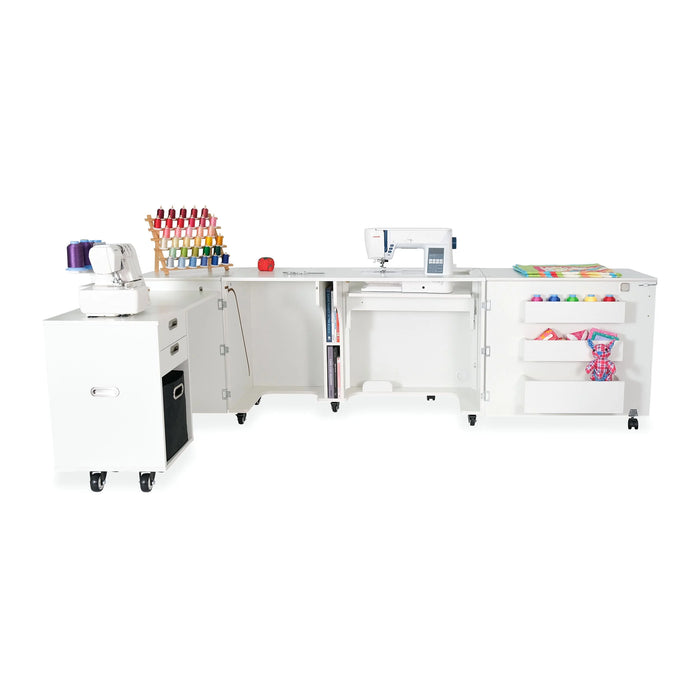 White Kangaroo Aussie Sewing Cabinet K8611 shown open with serger caddy, hydraulic machine lift area, and full sewing workstation layout.