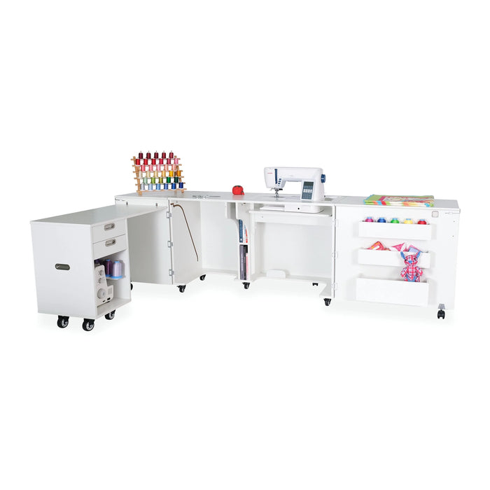 White Kangaroo Aussie Sewing Cabinet K8611 opened with rolling caddy pulled out, offering spacious sewing and quilting workspace.