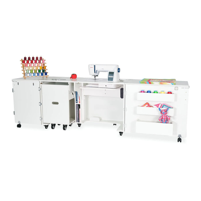 Kangaroo Aussie Sewing Cabinet K8611EL in White fully expanded with electric lift, sewing machine platform, and large crafting workspace.