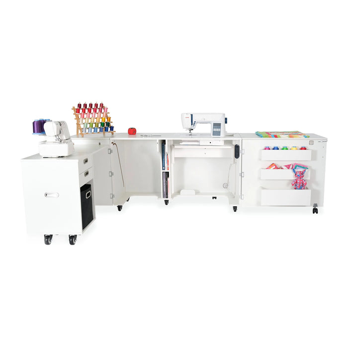 Kangaroo Aussie Sewing Cabinet K8611EL in White featuring electric lift system, serger caddy, and full sewing studio setup.