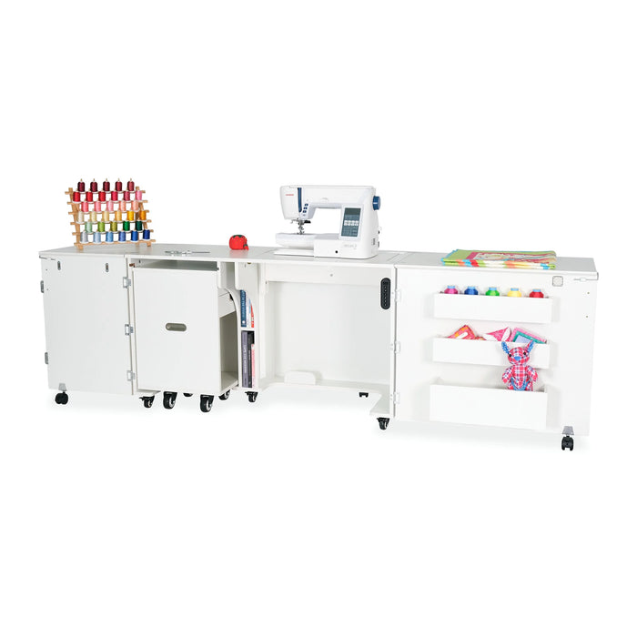 Fully expanded Kangaroo Aussie Sewing Cabinet K8611EL in White with adjustable machine platform and built-in storage shelves.