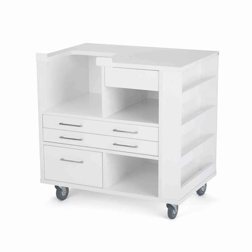 Kangaroo Ava Embroidery Cabinet 93018 empty cabinet view, highlighting open storage cubbies, full-extension drawers, and side thread spool racks for sewing organization.