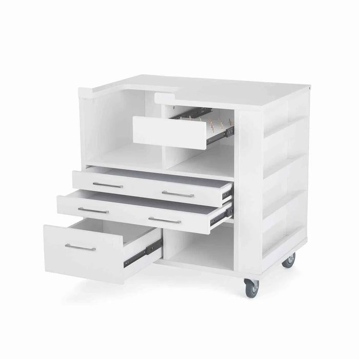 Kangaroo Ava Embroidery Cabinet 93018 with drawers open, displaying pull-out storage compartments, deep cubbies, and built-in thread organizer for embroidery supplies.