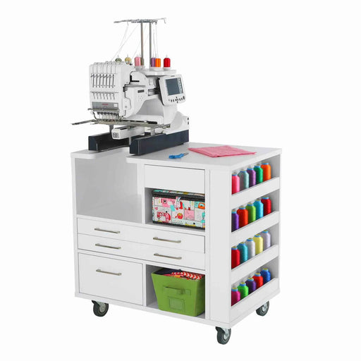 Kangaroo Ava Embroidery Cabinet 93018J with Janome multi-needle embroidery machine on top, featuring thread racks, storage drawers, and rolling sewing cabinet design.