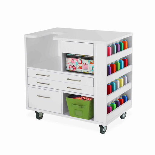 Kangaroo Ava 93018J Embroidery Cabinet empty view showing side thread spool storage, open cubbies, and full-extension drawers for Janome and Juki embroidery setups.