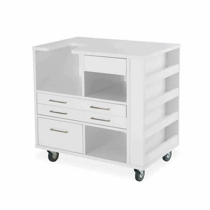 Kangaroo Ava 93018J Sewing and Embroidery Cabinet displayed without machine, highlighting spacious wooden construction, caster wheels, and multiple storage compartments.
