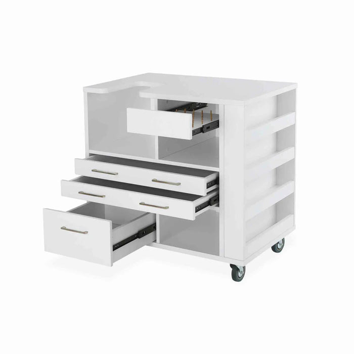 Kangaroo Ava 93018J Embroidery Cabinet with drawers open, showing pull-out storage, deep cubbies, and built-in thread organizer designed for Juki and Janome machines.