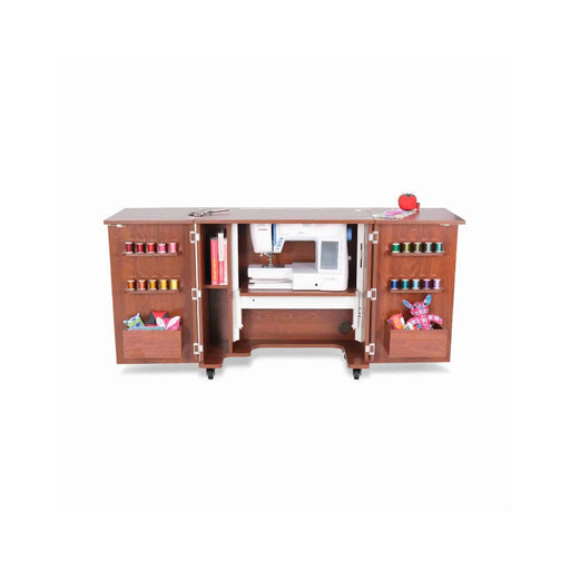 Kangaroo Bandicoot Sewing Cabinet in Teak K8205 with sewing machine displayed, open storage doors, thread racks, and interior shelving for sewing organization.