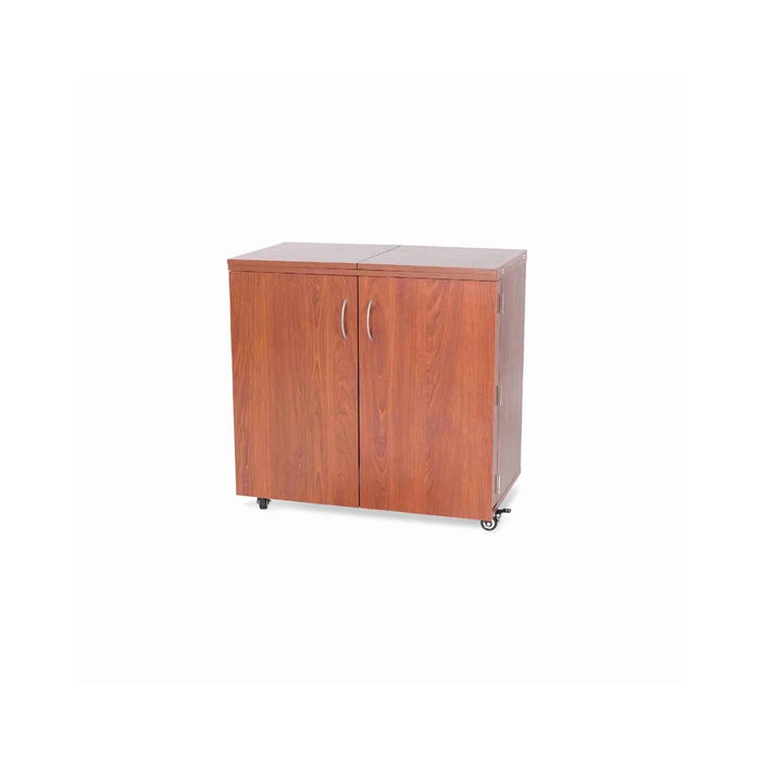 Kangaroo Bandicoot Sewing Cabinet in Teak K8205 fully closed, compact sewing furniture with locking casters and teak wood finish.