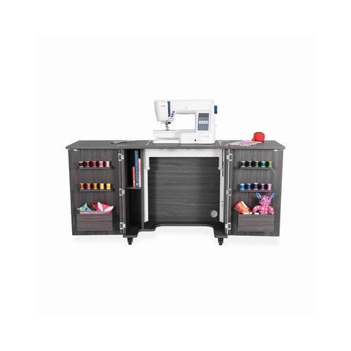 Kangaroo Bandicoot Sewing Cabinet in Gray K8207 shown open with sewing machine, thread racks, door storage, and interior shelving for organized sewing.