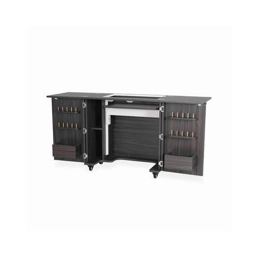Kangaroo Bandicoot Sewing Cabinet in Gray K8207 displayed open without machine, featuring hydraulic lift platform, thread spool racks, and spacious storage compartments.