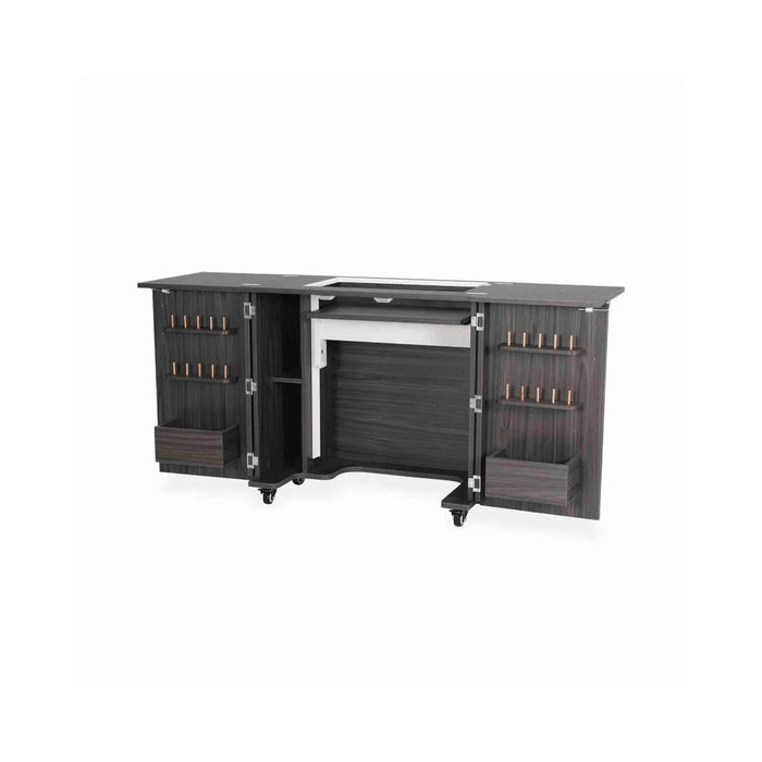 Kangaroo Bandicoot Sewing Cabinet in Gray K8207 displayed open without machine, featuring hydraulic lift platform, thread spool racks, and spacious storage compartments.