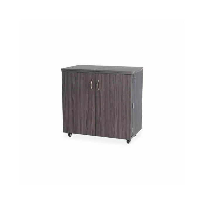 Kangaroo Bandicoot Sewing Cabinet in Gray K8207 fully closed, compact sewing workstation with modern gray wood finish and locking caster wheels.