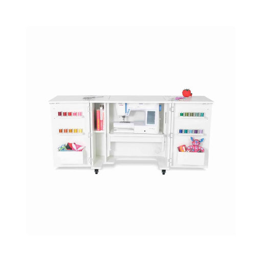 Kangaroo Bandicoot Sewing Cabinet in Ash White K8211 shown open with sewing machine, thread racks, door storage, and organized sewing compartments.