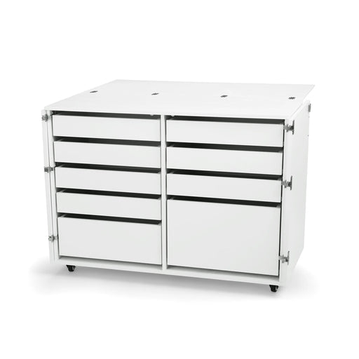 Kangaroo Dingo Storage Cabinet K7911 in White — interior view showing nine organized soft-close sewing storage drawers