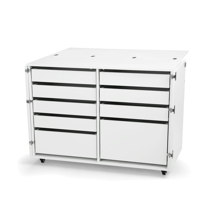 Kangaroo Dingo Storage Cabinet K7911 in White — interior view showing nine organized soft-close sewing storage drawers