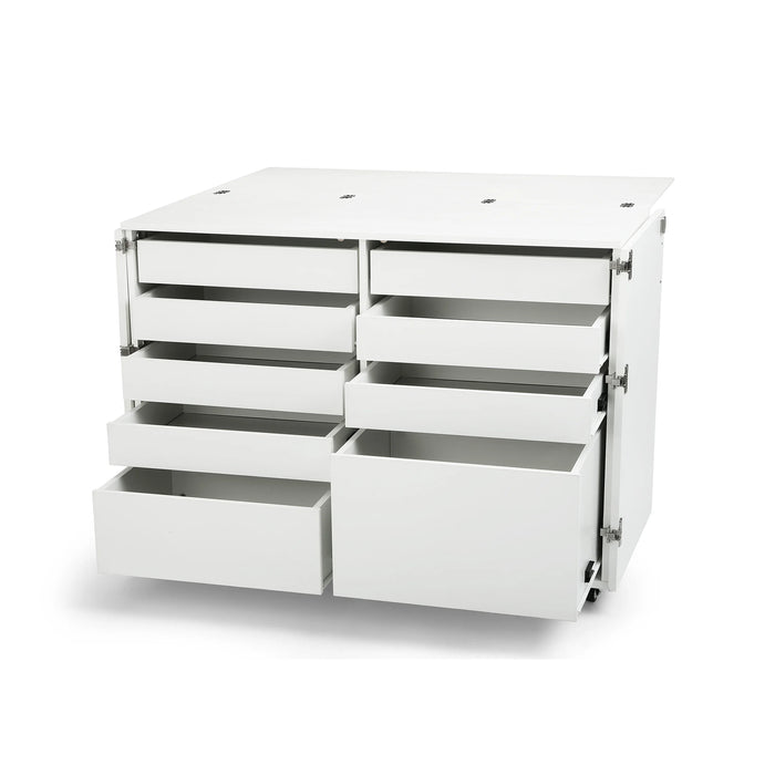 Kangaroo Dingo Sewing Cabinet K7911 in White — multiple sewing drawers open to display storage capacity for crafts and quilting tools