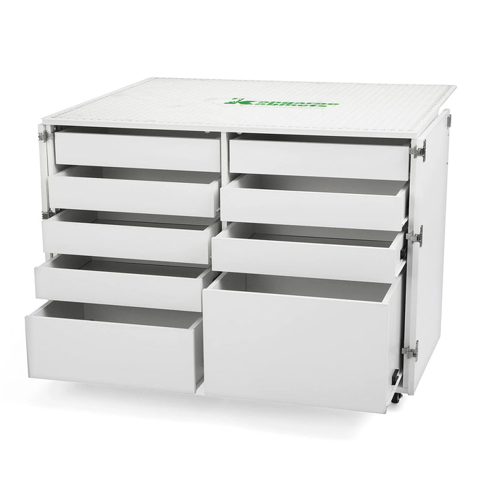 Kangaroo Dingo Cutting Table and Storage Cabinet K7911 in White — open drawers with fold-out cutting surface installed on top