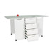 Ash White Kangaroo Kookaburra Cutting Table with front drawers open, highlighting four spacious storage drawers for sewing notions and craft accessories.