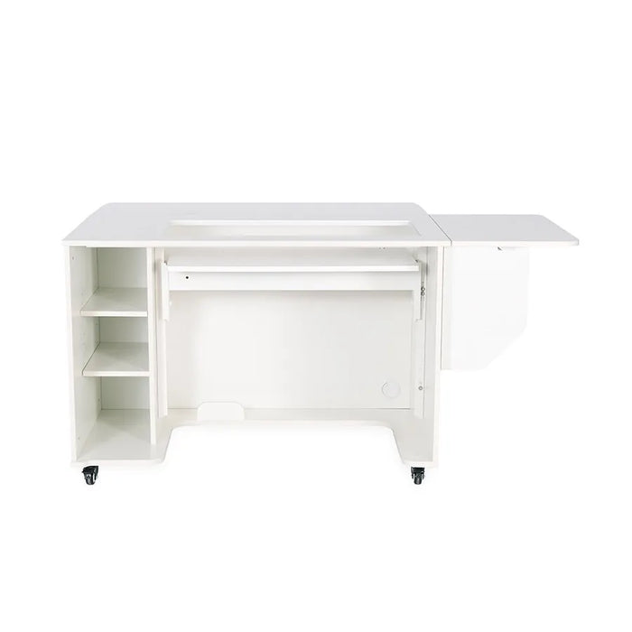 Empty Kangaroo Melbourne XL Sewing Cabinet in Ash White displaying adjustable shelves, large machine well, and right-side extension leaf.