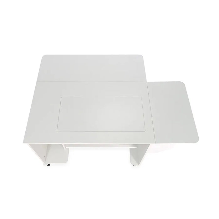 Top view of the Kangaroo Melbourne XL Hydraulic Sewing Cabinet in Ash White showing large work surface and fold-out extension leaf.