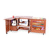 Kangaroo Wallaby Sewing Cabinet K8405 in Teak shown open with sewing machine, serger storage, thread racks, and extended work surfaces.