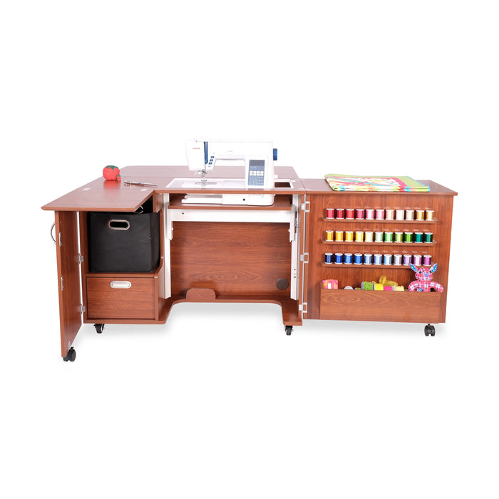 Kangaroo Wallaby Teak Sewing Cabinet K8405 with serger storage compartment, large drawer, and extended sewing surface.