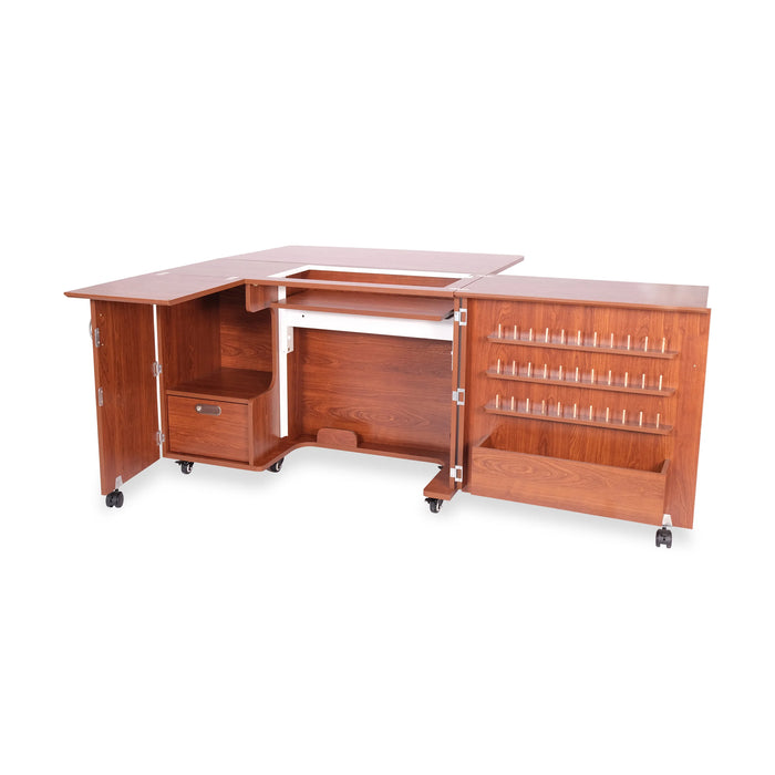 Kangaroo Wallaby Sewing Cabinet K8405 in Teak shown fully open with empty thread racks and storage shelves.