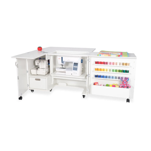 Kangaroo Wallaby White Sewing Cabinet K8411 with hydraulic lift sewing machine platform and organized thread storage shelves.