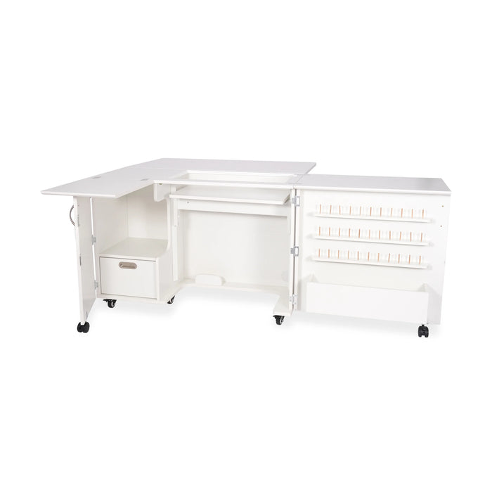 Kangaroo Wallaby White Sewing Cabinet K8411 fully open with empty thread racks, expandable work surfaces, and storage shelves.