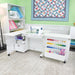 Kangaroo Wallaby Sewing Cabinet K8411 in White displayed in sewing room setting with sewing machine, thread storage, and extended workspace.