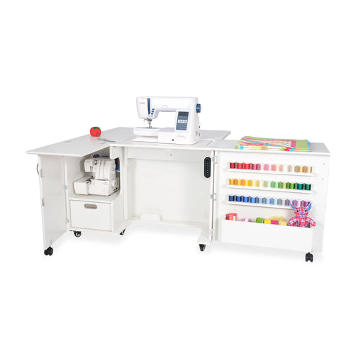 Wallaby Dual Rail Electric Sewing Cabinet in White shown open with sewing machine, serger storage, and large thread racks.