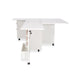 Side angle of the Wallaby Sewing Cabinet in White featuring thread shelves and rear quilt leaf extension.