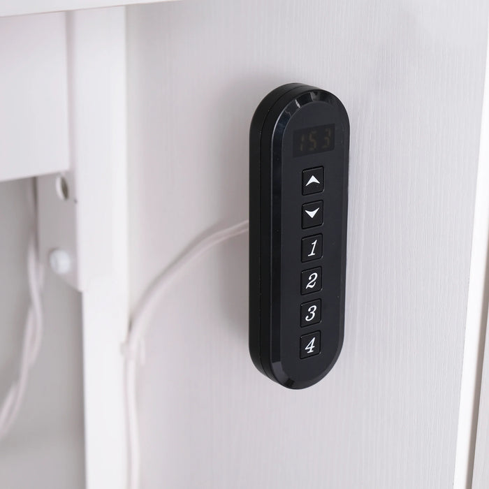 Close-up of programmable electric lift control panel on the White Wallaby Sewing Cabinet.