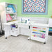 White Kangaroo Wallaby Electric Sewing Cabinet opened with sewing machine, serger storage, and colorful thread organization.