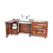 Kangaroo Wallaby Dual Rail Electric Sewing Cabinet in Teak shown open with sewing machine, serger storage, and thread racks.