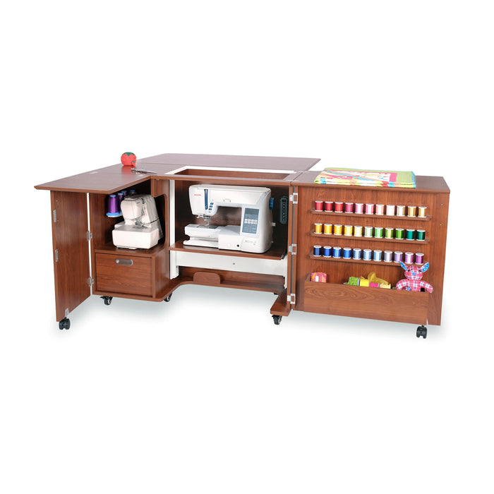 Kangaroo Wallaby sewing cabinet displaying electric lift lowered position and machine storage in teak finish.